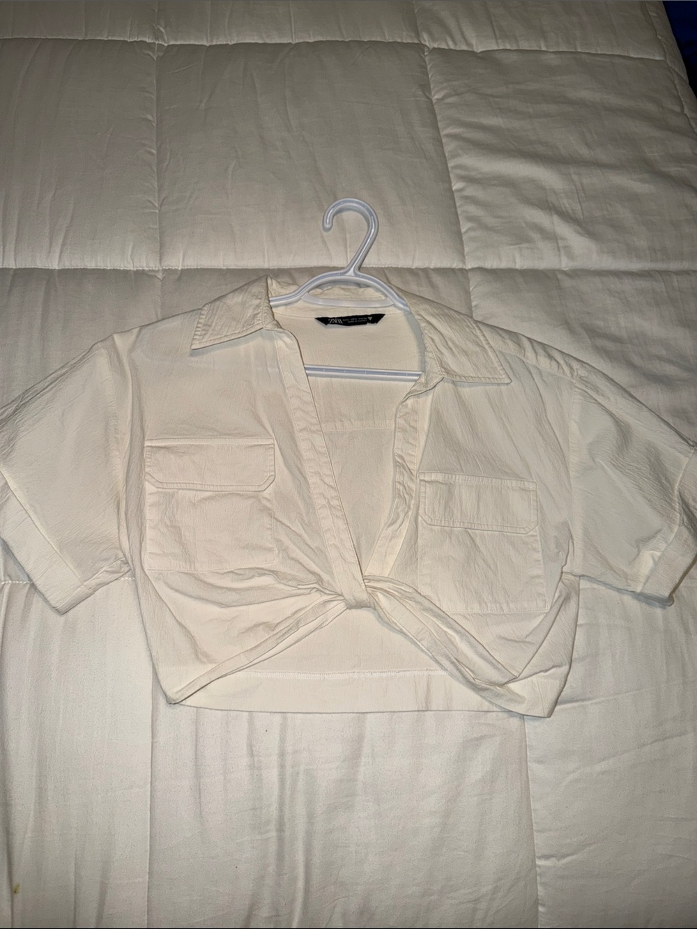 Zara Cream Cropped Knot-Front Button Shirt